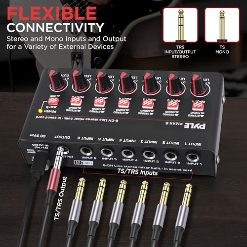 Pyle 6-Channel Bluetooth Mini Line Mixer with USB Audio Interface - 6 Mono/Stereo Switching Inputs | Ultra-low Noise Design with High Headroom | Built-in USB-C Sound Card - PMAX6 - size: 6 Channel