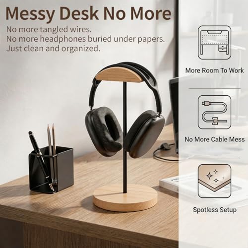 Headphone Stand Nature Wood & Metal Headset Hanger Mount Hook Gaming Holder Desktop Earphone Artful Functional Craftmanship Stand for All Headsets with Solid Wooden Base - style: Bamboo