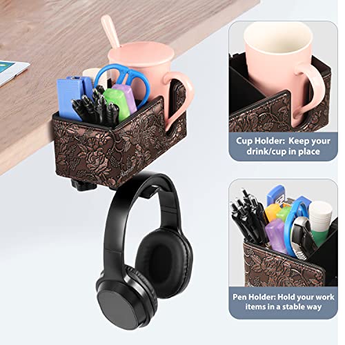 Under Desk Cup Holder Clamp on Cup Holder PU Leather Clip on Desk Organizer | Desk organizer with pencil holder clamp on side, under desk hanging organizer, clip on cup holder desk phone stand holder PU - color: Golden