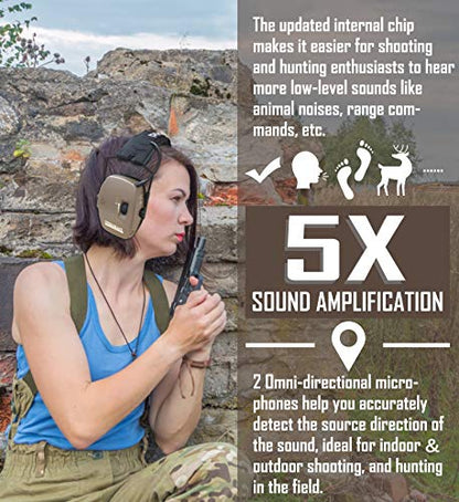 PROHEAR Digital Electronic Shooting Ear Protection Muffs with GEP02 Gel Ear Pads, Hunting 5X Sound Amplification Earmuffs, NRR 23dB Low Profile Hearing Protection for Gun Range - Brown - style: Electronic 2.0+gel Ear Pads-brown