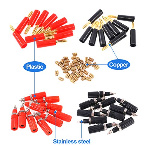 Glarks 40pcs Black and Red 4mm Banana Speaker Wire Cable Screw Plugs with Amplifier Terminal Connector Binding Post Banana Plug Jack Socket Panel/Chassis Mount Connectors Set, Each for 10Pcs