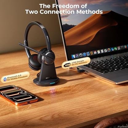 Wireless Headset with Mic for Work, Bluetooth 6.0 Headset with Microphone for PC, 65H AI Noise Cancelling Mic, 60ft Range, USB Dongle & Charging Base, On-Ear Headphones for Teams Zoom Call Center