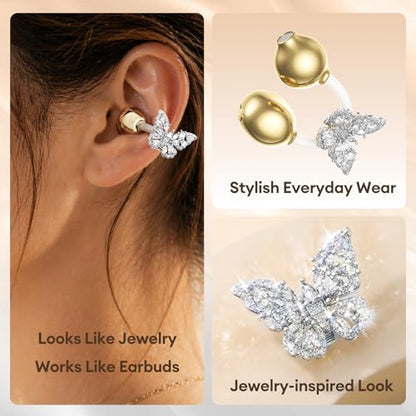 Clip On Earbuds with Detachable Diamond Butterfly Earrings, Bluetooth 6.0 Open Ear Earbuds for Women, Led Display Leather Texture Charging, Comfortable Fit, Sports, Daily Wearers&Gifts, X22 Beige - color: Beige-Silver Butterfly Diamond Earrings