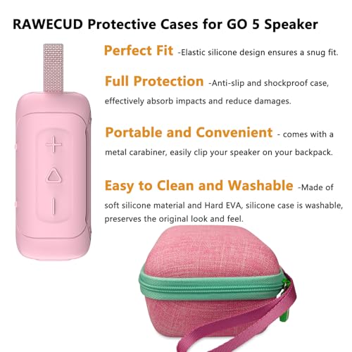 Protective Case for JBL Go 5 Portable Bluetooth Speaker | Accessories Hard Carrying Case and Silicone Cover with Metal Carabiner (Pink Case)