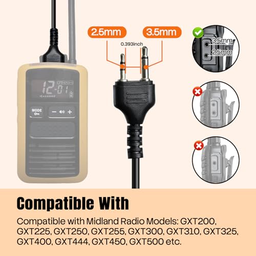 Walkie Talkie Earmuffs Hunting Headphone Tactical Boom Microphone Ptt Mic Earpiece Noise Canceling Over Ear Headset Headband Binaural Ear Muffs for Midland 2 Pin GXT LXT GMRS X-tra Two Way Radio