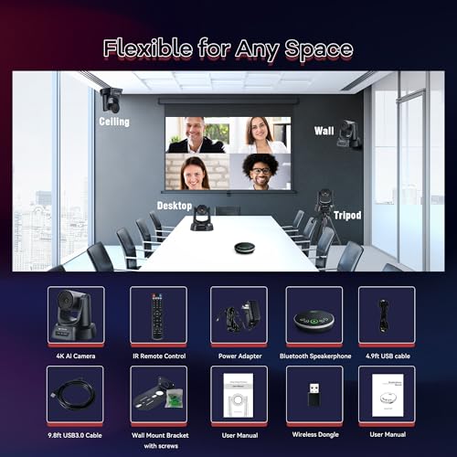 TONGVEO 4K Conference PTZ Camera 3X Zoom & Bluetooth Speakerphone System | 4K UHD 3X Optical Zoom, 93° FoV, USB3.0 HDMI PTZ Camera, Wireless Bluetooth Speakerphone, Zoom & Teams Compatible - color: Space