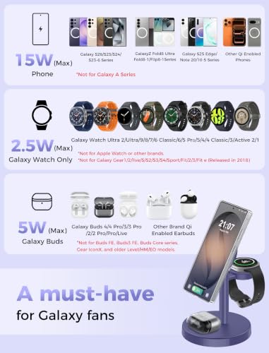 Magnetic Wireless Charger for Samsung, 3 in 1 Super Fast Charging Station Compatible with MagSafe, Phone Charger Stand for Samsung Galaxy S26 Ultra S25 Z Fold/Flip 8, Watch Ultra 8 7 6, Buds 4/3 Pro - color: Cobalt Purple