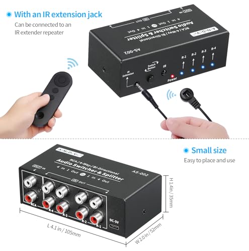 RCA 4-Way Bi-Directional Audio Switcher Splitter, 1 in 4 Out / 4 in 1 Out Stereo L/R Sound Channel Audio Switch Selector Splitter Box with Remote Control for Speakers Headphones Amps (Black)