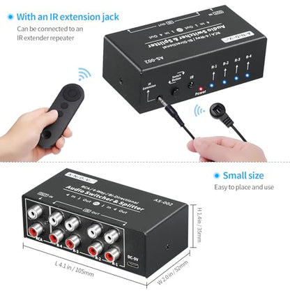 RCA 4-Way Bi-Directional Audio Switcher Splitter, 1 in 4 Out / 4 in 1 Out Stereo L/R Sound Channel Audio Switch Selector Splitter Box with Remote Control for Speakers Headphones Amps (Black)