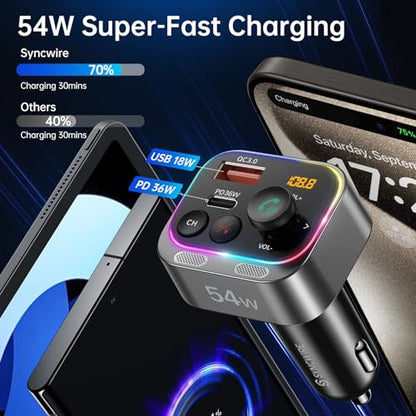 Syncwire Bluetooth 5.4 FM Transmitter Car Adapter 54W (PD 36W & 18W) [Stronger Dual Mics] [Light Switch] [HiFi Bass Sound] [Fast Charging] Wireless Radio Receiver Hands-Free Calling LED Display | [Stronger Dual Mics] [HiFi Bass Sound] [Fast Charging] Wire