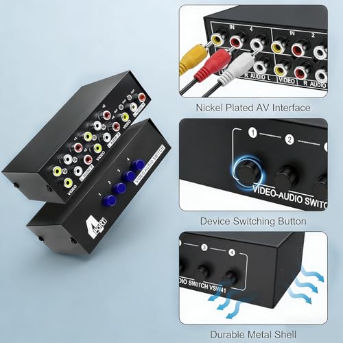 Poyiccot 4 Port Audio Receivers and Video Recivers, RCA Switcher 4 in 1 Out Composite Video L/R Audio Stereo Selector Box, Multi-Way AV Selector Switch Box for DVD, Game Consoles,Xbox, HDTV, 1Pack