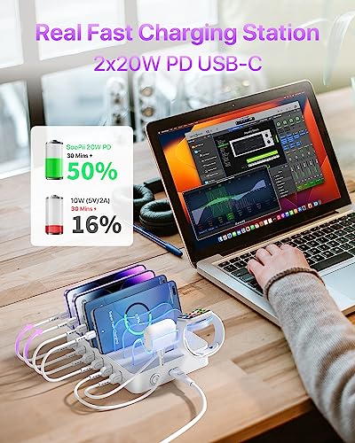 SooPii 6-Port USB C Charging Station for Multiple Devices,2 PD 20W Fast Charging for lPhone 15 and More,6 Charging Cables and 2in1 Holder for IWatch Charger & Air Pods Included
