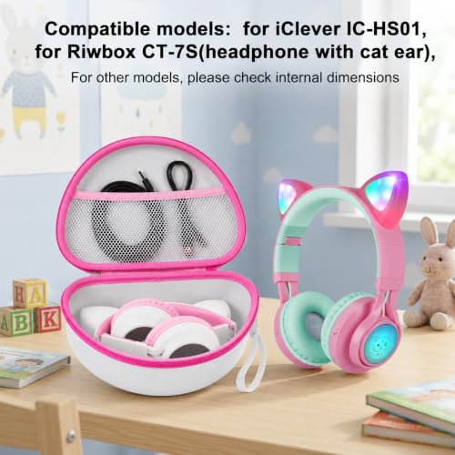 PAIYULE Kids Headphone Case for Riwbox CT-7S/CT-7, for iClever IC-HS01 | Headphone case for kids, hard EVA shell, mesh pocket, fits cat-ear over-ear models, red, school and travel, box only, White - color: White