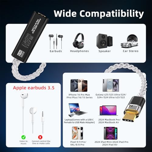 USB C to 3.5mm with CX31993 & MAX97220 DAC Headphone Adapter | Portable Decoding Amp Hi-Res 32bit/384KHz Audio Dongle with Silver-Plated OCC Cable for iPhone, Android, Mac, IEMs Earphones - color: Black