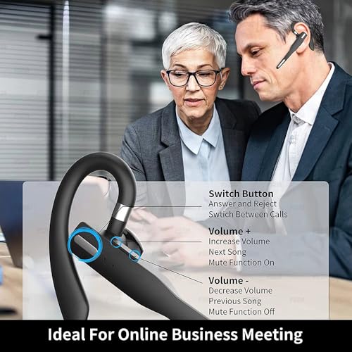 Business Wireless Headset with Mic for Work IPX7 Waterproof • 50H Battery (8H+Case) Bluetooth 5.3 Earpiece • PC-Ready for Driving & Office - size: T525