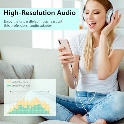 2-in-2 Lightning & USB C to 3.5mm Aux Audio Jack Headphone+Type-C Charge Cable Splitter,Earphone Converter Adapter for Music+Charge Power+HiFi for iPhone14 13 12,iPad,Samsung【Apple MFi Certified】-Gray
