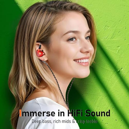 Audiovance Vibes 202ML HiFi 유선 이어버드, 아이폰 14/13/12/11/X, 프로 맥스용 | 마이크가 있는 인이어 헤드폰, 선명한 사운드, 딥 베이스, 소음 차단 이어버드, 실버 도금 코드, 편안한 핏, 케이스 - color: 3-레드