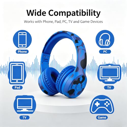 Toddler Headphones Wireless,Kids camo Bluetooth Headphones, Volume Limiting Over Ear Headphones, Comfort Ear Cushions for Children Online Learning, Travel & Entertainment (camo) - color: Blue Camo