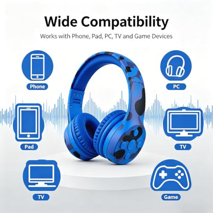 Toddler Headphones Wireless,Kids camo Bluetooth Headphones, Volume Limiting Over Ear Headphones, Comfort Ear Cushions for Children Online Learning, Travel & Entertainment (camo) - color: Blue Camo