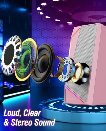 LENRUE Computer Speakers, USB/USB-C Powered AUX Audio for PC Speakers with Loud Stereo Sound, Headphone-in, Touch Lights for Desktop, Computer, Laptop, Desk（USB-C to USB Adapter Included - color: Pink