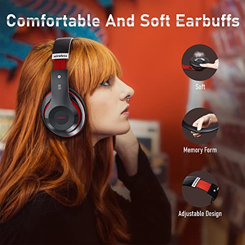 Bluetooth Headphones Over Ear, 6S Foldable Wireless Headphones with 6 EQ Modes, 40 Hours Playtime HiFi Stereo Headset with Mic, Soft Ear Pads, TF/FM for Cellphone/PC/Home (Red) - color: Red
