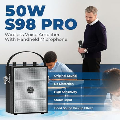 50W Wireless Voice Amplifier with Handheld Microphone S98 Pro | Portable Bluetooth Speaker Microphones for Teachers Events,Wireless Karaoke Mic for Singing,PA System with Echo Sound Effects