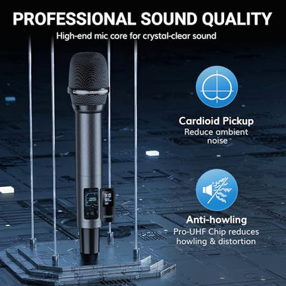 TONOR Bluetooth Wireless Microphones, Rechargeable UHF Cordless Microphone System for Home Party, Metal Dual Handheld 260ft for Home Karaoke, Church, Party,TW-790, Black