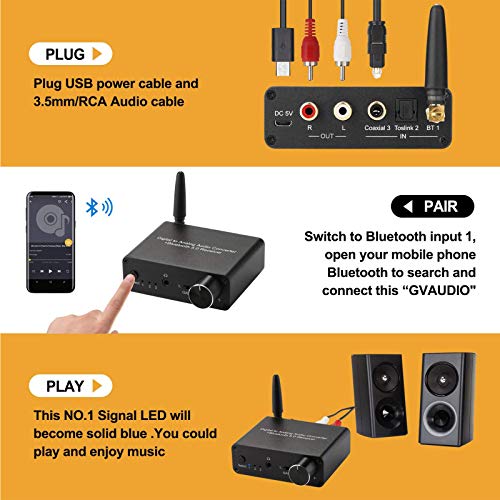 192kHz Digital to Analog Converter Bluetooth 5.0 Receiver DAC | with 16-300Ω Headphone Amplifier Optical/Coaxial to RCA 3.5mm Audio Output with Volume Control for TV Phone Tablet - style: basic