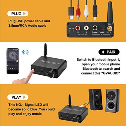 192kHz Digital to Analog Converter Bluetooth 5.0 Receiver DAC | with 16-300Ω Headphone Amplifier Optical/Coaxial to RCA 3.5mm Audio Output with Volume Control for TV Phone Tablet - style: basic