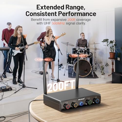 MELONARE 4x10 Freq. UHF Wireless Microphone System, 200FT Stable Signal | Cordless Handheld Mics, Microfono Inalambrico for Singing, Wedding, Karaoke, Church, DJ Events,Party MWM-41-4H - size: 4 Handheld Mics