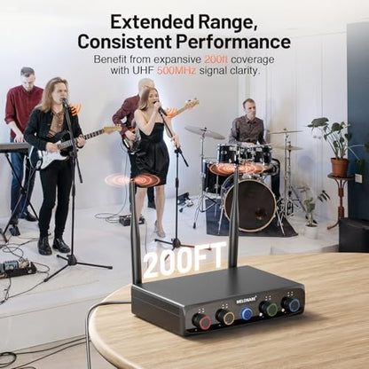 MELONARE 4x10 Freq. UHF Wireless Microphone System, 200FT Stable Signal | Cordless Handheld Mics, Microfono Inalambrico for Singing, Wedding, Karaoke, Church, DJ Events,Party MWM-41-4H - size: 4 Handheld Mics