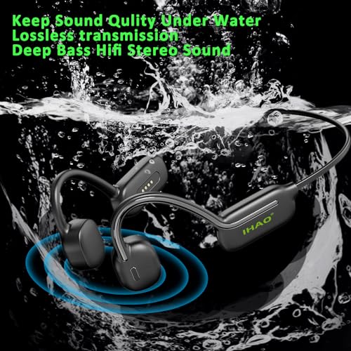 IHAO Swimming Headphones True Bone Conduction Open Ear Headset MP3 Player Built-in 32G Memory IP68 Underwater Waterproof Stereo Bluetooth Earphone for Driving Bicycling Running Skiing-Black - color: Black