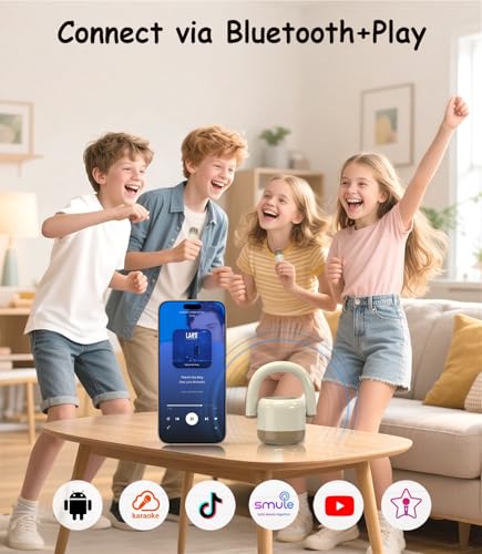 EWA Portable Mini Metal Karaoke Machine, Bluetooth Karaoke Speaker with 2 Wireless Microphones, Ideal Gifts for Girls Boys Family Home Party Birthday Christmas Toys Gifts-(Beige) - color: Beige