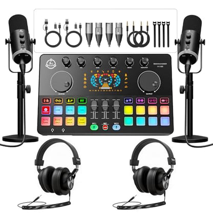 M100 2‑Person Podcast Equipment Bundle,XLR/USB Dynamic Mics & Audio Mixer - color: Two dynamic mics bundle