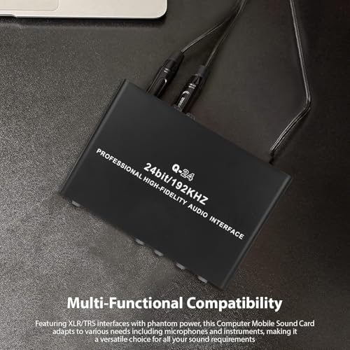 USB Sound Interface Recorder - 2-Channel XLR TRS High Impedance Input with Phantom Power, 192KHz/24Bit for Music Recording on Computer & Phone, 6.8 x 4.7 x 1.9 Inch