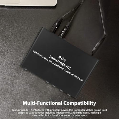 USB Sound Interface Recorder - 2-Channel XLR TRS High Impedance Input with Phantom Power, 192KHz/24Bit for Music Recording on Computer & Phone, 6.8 x 4.7 x 1.9 Inch
