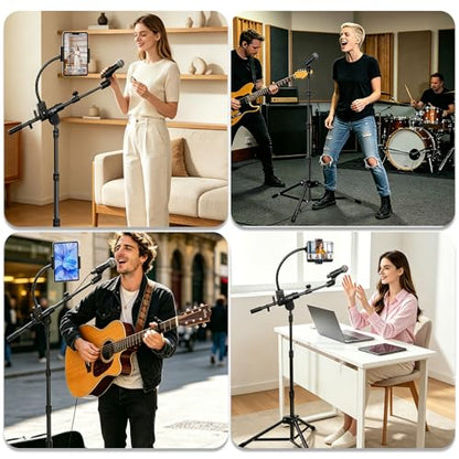 Microphone Floor Stand with Phone/Tablet Holder, Adjustable Boom Mic Stand with Heavy-Duty Base, Dual Device Mount for Streaming, Podcasting, Recording, and Live Performances GMS-04