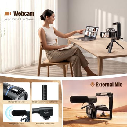 5K Video Camera Camcorder, 64MP UHD Vlogging Camera for YouTube with 16X Zoom, IR Night Vision, 3.0" Touch Screen, Stabilizer, Mic, 2 Batteries+32GB Card, Gift for Dad