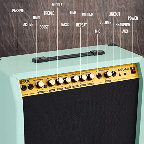 LyxPro 40 Watt Electric Guitar Amplifier | Solid State Studio Amp with 8” 4-Ohm Speaker, Custom EQ Controls, Drive, Delay, ¼” Passive/Active/Microphone Inputs, Aux in & Headphone Jack - Green - color: Green, size: 40 Watt