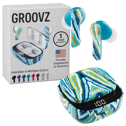 Groovz True Wireless Earbuds with Charging Case - Designed and Engineered in The USA - IPx4 Water Resistant Bluetooth Earbuds Compatible with Apple and Android - 27Hrs Battery Life - Peacock - color: Peacock