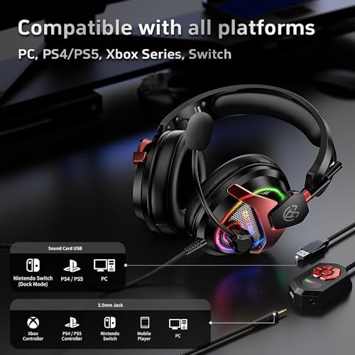 Tatybo PC Gaming Headset with Mic for PS5 PS4 Xbox, USB Headset with 7.1 Surround Sound, Wired 3.5mm Headphones, RGB