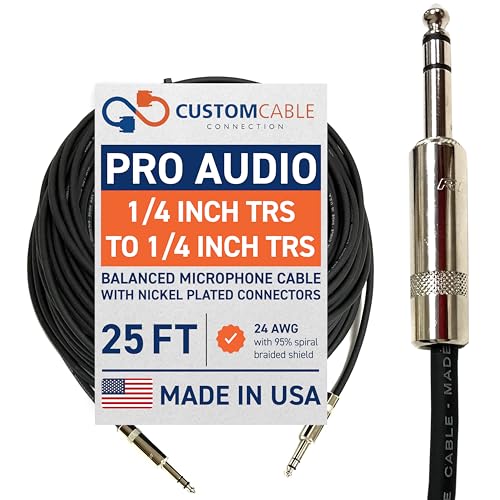 25 Foot Pro Audio REAN 1/4 inch (6.35mm) TRS to REAN 1/4 inch (6.35mm) TRS Balanced Cable with Rean NYS228 Nickel Plated connectors by Custom Cable Connection - size: 25 Foot, style: Male to Male (Nickel)