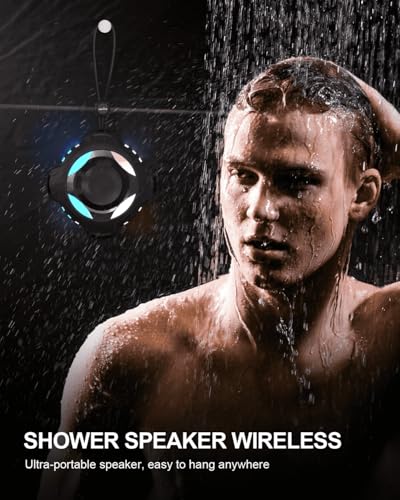 comiso Shower Speaker, Portable Speaker with Robust Bass, IP67 Waterproof | Bluetooth Speaker with LED Light, Floating, Stereo Sound, 2000mAh, Lanyard, Great for Kayak, Travel, Beach, Gift for All Ages - color: Black