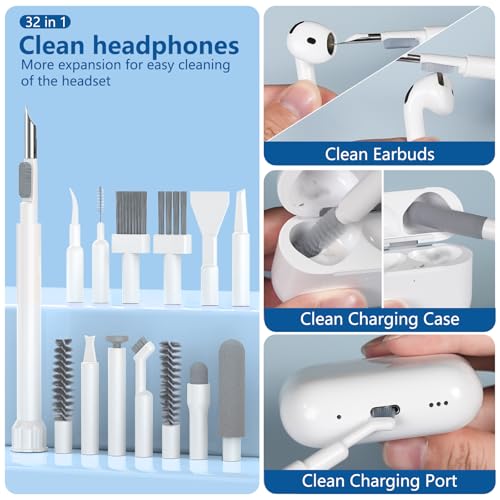 Inesore for Airpod Cleaner Kit,3-in-1 Multi-Function Cleaning Kit Pen Keyboard Cleaning Kit,32-in-1 Multi-Function Cleaner Tool for All Phone Laptop iPhone Device Charging Port