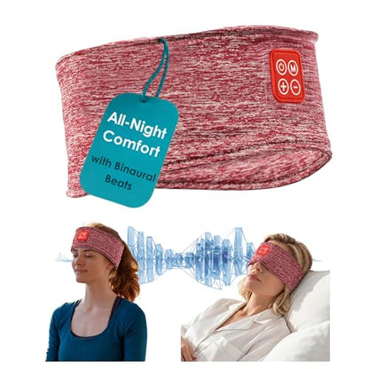Wireless Binaural Beats Sleep Music Headband Earphones, Red | Earbuds Sleeping Eye Mask Thin HD Stereo Speakers Also for Workout, Running, Travel, Yoga, Ideal Gifts for Men Women Mom Dad - color: RED