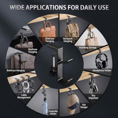Black Desk Mount Purse Hook | Portabl Adjustable Clamp-On Backpack Hanger Table Bag Holder ,for Handbags Headphones(Double Hook) - color: Black Double Hook