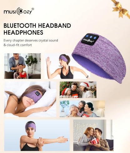 MUSICOZY Bluetooth 5.4 Sleep Headphones Headband Sports Wireless Audio | Earbuds 2 in 1 Design with Breathable Stretch Fabric, HD Stereo Sound Speakers for Workout Yoga Running, Nighttime Sleep Use - color: Purple
