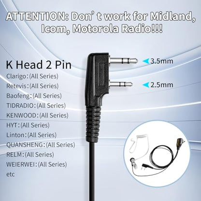 Walkie Talkies Earpiece with Mic 2 Pin Acoustic Tube Headset Compatible with, for Retevis RT22 RT68 Pxton Baofeng BF-888S BF-T26 Kenwood BTECH walkie Talkie, Two Way Radio Earpiece - color: KTDG-1