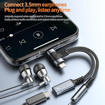 USB C 라이트닝 to 3.5mm 어댑터 아이폰 17 16 15 14 13 프로 맥스 (2in1) 충전기 오디오 헤드폰 잭 스플리터 Aux 케이블 타입 C 포트 커넥터 아이패드 동글용 삼성 갤럭시와 호환