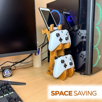 Wooden Controller Stand - Dual Game Controller Holder | Headphone Hanger, Phone Stand, Universal Gaming Accessories, Portable Headset Storage Organizer